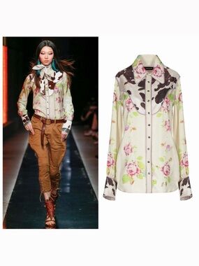 DSQUARED2 Silk Western Snap Shirt Cow Print Rose Floral Blouse US 2 NWT ⚪️